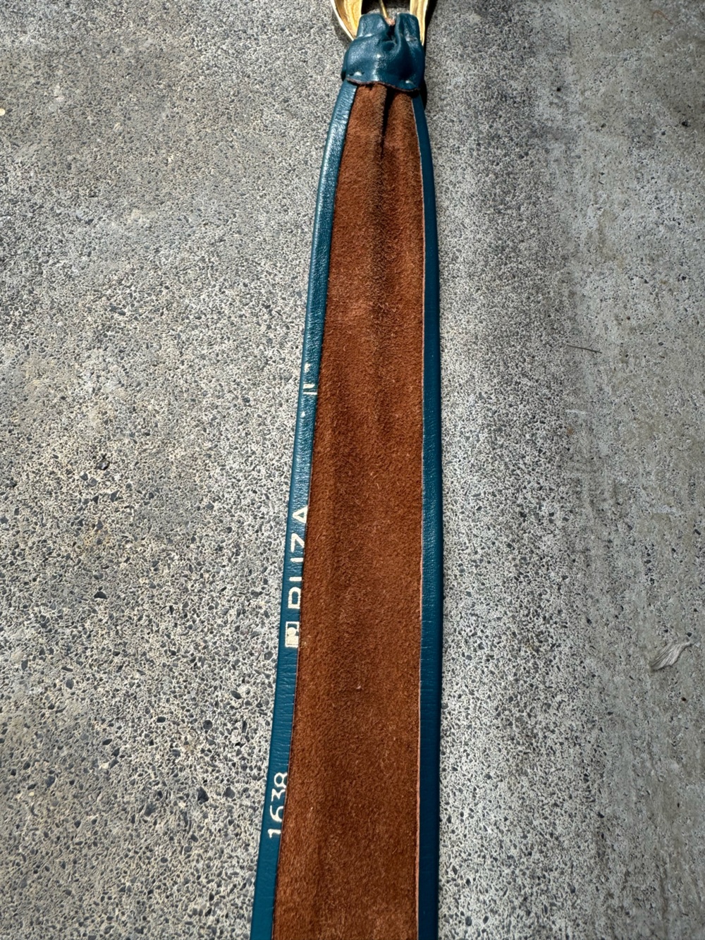 Vintage Teal Leather Belt with Gold Sculptural Buckle 80s 90s - Picture 8 of 16